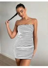 Kadın Kaşkorse Kumaş Çizgi Desenli Mini Elbise