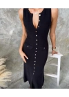 Kadın Kaşkorse Kumaş Düğme Detaylı Kolsuz Maxi Boy Elbise