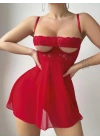 Kadın Kırmızı Fantezi Gecelik Tül Göğüs Dantel Dekolteli 2192