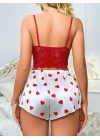 Kadın Kırmızı Kalp Desenli Şort Askılı Dantel Üst Pijama Takımı 2218