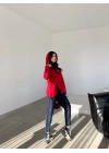 Kadın Kırmızı Kapşonlu Etek Ucu Detay Arma Ters Dikiş Gorunumlu Ikili Takım