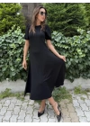 Kadın Kısa Balon Kollu Bisiklet Yaka Geniş Kesim Janjan Krep Elbise