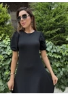 Kadın Kısa Balon Kollu Bisiklet Yaka Geniş Kesim Janjan Krep Elbise
