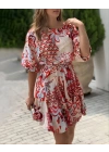 Kadın Kısa Balon Kollu Yuvarlak Yakalı Pileli Desenli Mini Elbise