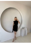 Kadın Kısa Kap Kollu Bisiklet Yaka Belden Bağlamalı Modal Mini Elbise