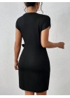 Kadın Kısa Kap Kollu Bisiklet Yaka Belden Bağlamalı Modal Mini Elbise