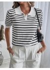 Kadın Kısa Kol Polo Yaka çizgi Desen Triko Bluz