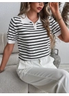 Kadın Kısa Kol Polo Yaka çizgi Desen Triko Bluz