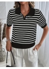 Kadın Kısa Kol Polo Yaka çizgi Desen Triko Bluz