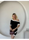 Kadın Kısa Kollu Asimetrik Kesim Yaka şerit Ve Aksesuar Detaylı Modal Elbise