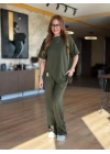 Kadın Kısa Kollu Bisiklet Yaka Asimetrik Viskon Iki Iplik Bluz Ve Pantolon Ikili Takım