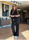 Kadın Kısa Kollu Bisiklet Yaka Asimetrik Viskon Iki Iplik Bluz Ve Pantolon Ikili Takım