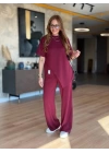 Kadın Kısa Kollu Bisiklet Yaka Asimetrik Viskon Iki Iplik Bluz Ve Pantolon Ikili Takım