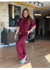 Kadın Kısa Kollu Bisiklet Yaka Asimetrik Viskon Iki Iplik Bluz Ve Pantolon Ikili Takım