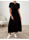Kadın Kısa Kollu Bisiklet Yaka Belden Bağcıklı Cepli Viskon Elbise