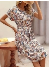 Kadın Kısa Kollu Bisiklet Yaka çiçek Desenli Kuşaklı Süprem Midi Elbise