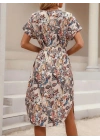 Kadın Kısa Kollu Bisiklet Yaka çiçek Desenli Kuşaklı Süprem Midi Elbise