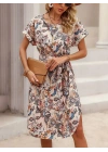 Kadın Kısa Kollu Bisiklet Yaka çiçek Desenli Kuşaklı Süprem Midi Elbise