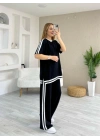 Kadın Kısa Kollu Bisiklet Yaka çift Renk şerit Detaylı Viskon Iki Iplik Bluz Ve Pantolon Ikili Takım