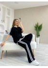 Kadın Kısa Kollu Bisiklet Yaka çift Renk şerit Detaylı Viskon Iki Iplik Bluz Ve Pantolon Ikili Takım
