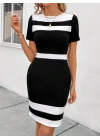 Kadın Kısa Kollu Bisiklet Yaka çift Renkli Ithal Krep Elbise