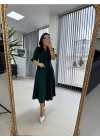 Kadın Kısa Kollu Bisiklet Yaka Fiyonk Broşlu Midi Janjan Krep Elbise