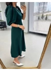 Kadın Kısa Kollu Bisiklet Yaka Fiyonk Broşlu Midi Janjan Krep Elbise