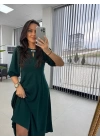 Kadın Kısa Kollu Bisiklet Yaka Fiyonk Broşlu Midi Janjan Krep Elbise
