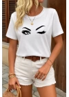 Kadın Kısa Kollu Bisiklet Yaka Göz Baskılı Süprem T-shirt