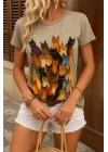 Kadın Kısa Kollu Bisiklet Yaka Kedi Desenli Süprem Bluz