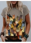 Kadın Kısa Kollu Bisiklet Yaka Kedi Desenli Süprem Bluz