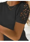 Kadın Kısa Kollu Bisiklet Yaka Kolları çiçekli Güpür Detay Viskon Bluz