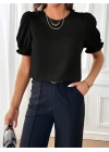 Kadın Kısa Kollu Bisiklet Yaka Kolları Gipeli Ithal Krep Bluz