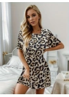 Kadın Kısa Kollu Bisiklet Yaka Leopa Desen Süprem Elbise
