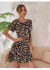 Kadın Kısa Kollu Bisiklet Yaka Leopa Desen Süprem Elbise