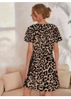 Kadın Kısa Kollu Bisiklet Yaka Leopa Desen Süprem Elbise