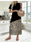 Kadın Kısa Kollu Bisiklet Yaka Leopar Detaylı Midi üst Viskon Alt Süprem Elbise