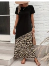 Kadın Kısa Kollu Bisiklet Yaka Leopar Detaylı Midi üst Viskon Alt Süprem Elbise