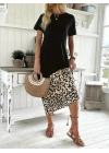 Kadın Kısa Kollu Bisiklet Yaka Leopar Detaylı Midi üst Viskon Alt Süprem Elbise
