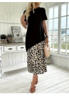 Kadın Kısa Kollu Bisiklet Yaka Leopar Detaylı Midi üst Viskon Alt Süprem Elbise