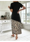 Kadın Kısa Kollu Bisiklet Yaka Leopar Detaylı Midi üst Viskon Alt Süprem Elbise