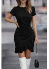 Kadın Kısa Kollu Bisiklet Yaka önden Volanlı Ithal Krep Elbise