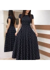 Kadın Kısa Kollu Bisiklet Yaka Puantiyeli Maksi örme Krep Elbise