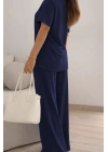 Kadın Kısa Kollu Bisiklet Yaka Viskon Iki Iplik Bluz Ve Pantolon Ikili Takım