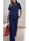 Kadın Kısa Kollu Bisiklet Yaka Viskon Iki Iplik Bluz Ve Pantolon Ikili Takım