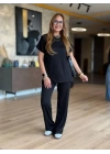 Kadın Kısa Kollu Bisiklet Yaka Viskon Iki Iplik Bluz Ve Pantolon Ikili Takım