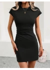 Kadın Kısa Kollu Bisiklet Yaka Yanlardan Büzgülü Kısa Janjan Krep Elbise
