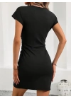 Kadın Kısa Kollu Bisiklet Yaka Yanlardan Büzgülü Kısa Janjan Krep Elbise