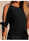 Kadın Kısa Kollu Bisiklet Yaka Yarı Açık Omuz Inci Detaylı Short T-shirt Viskon Ikili Takım