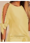 Kadın Kısa Kollu Bisiklet Yaka Yarı Açık Omuz Inci Detaylı Short T-shirt Viskon Ikili Takım